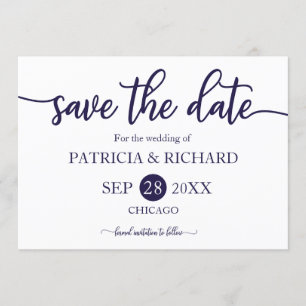 Invitation Mariage Bleu Nuit Blanc Calligraphie Économisez La