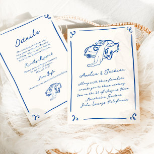 Invitation Mariage Bleu Nuit + Détails Dessinés à la Main Fan