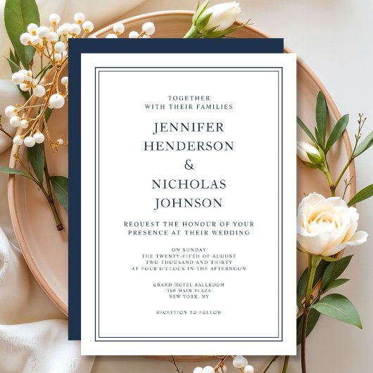 Invitation Mariage Bleu Nuit Élégant Classique