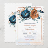 Invitation Mariage Bleu Nuit et Orange Brûlé (Devant / Derrière)