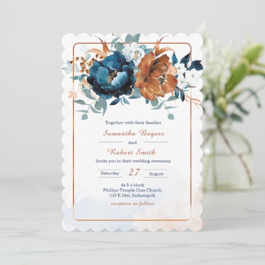 Invitation Mariage Bleu Nuit et Orange Brûlé (Debout devant)