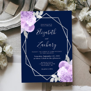 Invitation Mariage Bleu Nuit Floral Argent Lilac