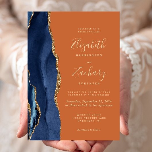 Invitation Mariage Bleu Nuit Or Agate Orange Brûlé