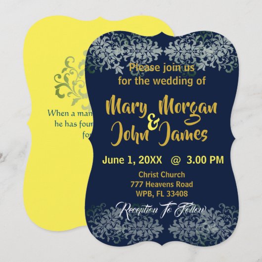 Invitation Mariage Bleu Nuit Or Argent Jaune (Devant / Derrière)