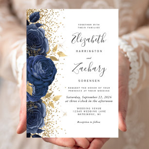 Invitation Mariage Bleu Nuit Or Blanc Floral