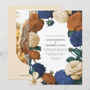 Invitation Mariage Bleu Nuit, Orange Brûlé & Champagne