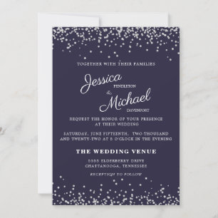 Invitation Mariage Bleu Nuit Paillettes Argentées Écriture Él