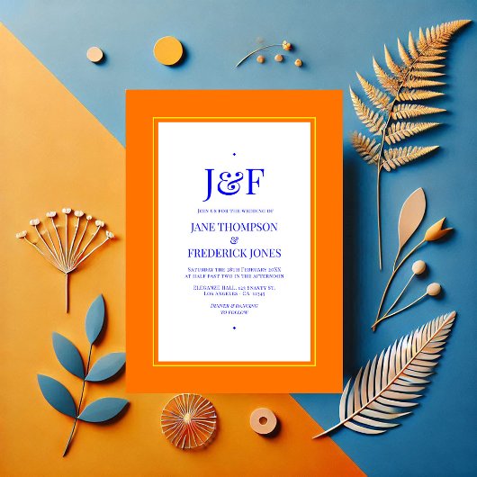 Invitation Mariage bleu, orange et jaune