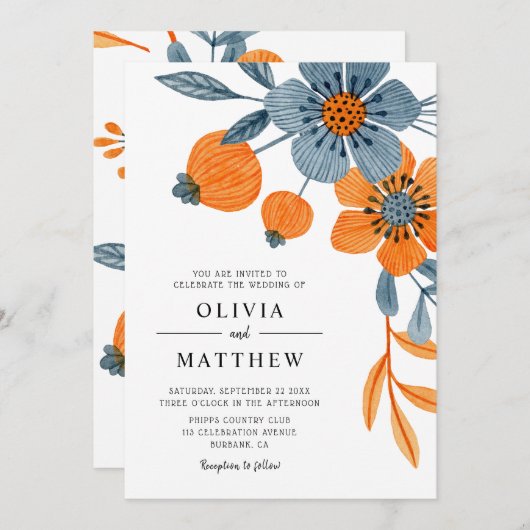 Invitation Mariage bleu orange fleuri Boho gras (Devant / Derrière)