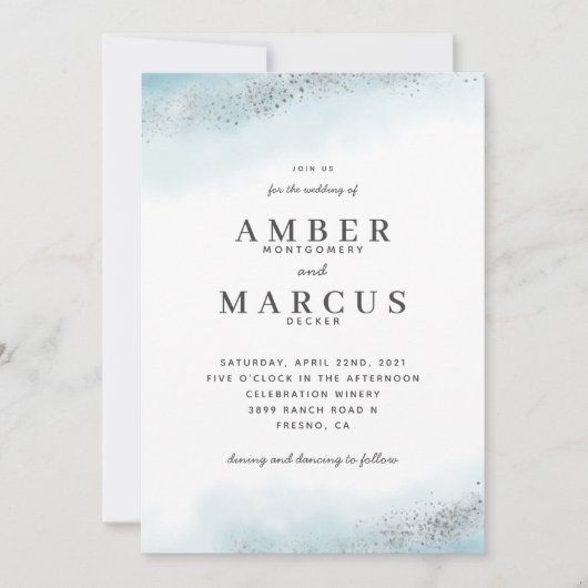 Invitation Mariage bleu Parties scintillant d'argent Ethereal (Devant)
