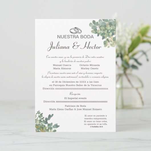 Invitation Mariage Bleu Pastel et Greenery  (Debout devant)
