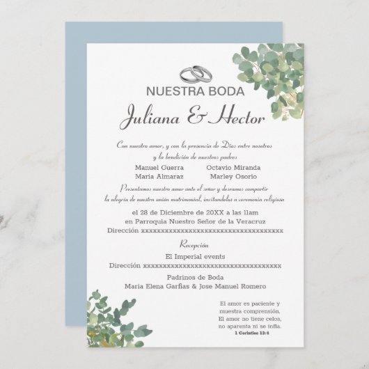 Invitation Mariage Bleu Pastel et Greenery  (Devant / Derrière)