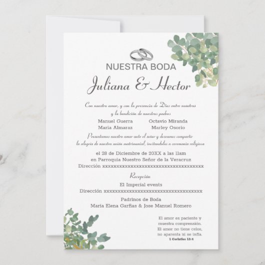 Invitation Mariage Bleu Pastel et Verdure  (Devant)