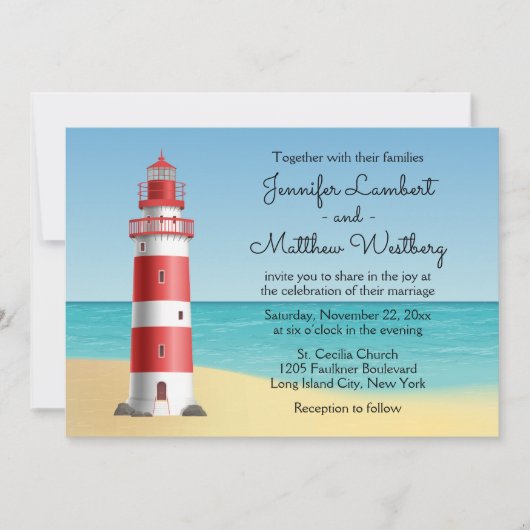 Invitation Mariage bleu phare de plage (Devant)
