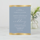 Invitation Mariage Bleu Poussiéreux Bord Déchiré Or Élégant (Debout devant)