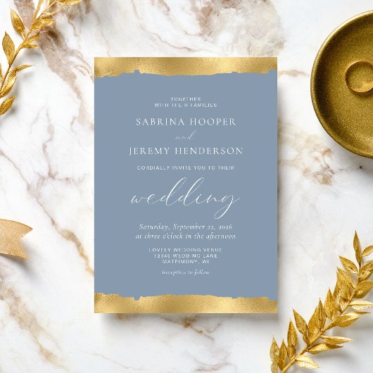 Invitation Mariage Bleu Poussiéreux Bord Déchiré Or Élégant