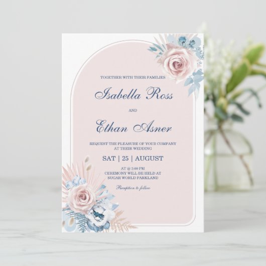 Invitation Mariage Bleu Poussiéreux et Rose Fardé (Debout devant)