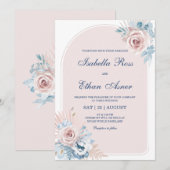 Invitation Mariage Bleu Poussiéreux et Rose Fardé (Devant / Derrière)