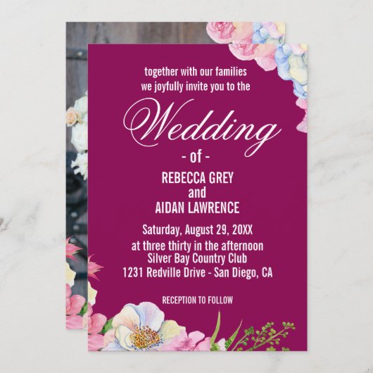 Invitation Mariage bleu rose aquarelle (Devant / Derrière)