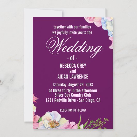 Invitation Mariage bleu rose aquarelle (Devant)