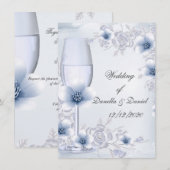 Invitation Mariage Bleu roses argentées fleurissent (Devant / Derrière)