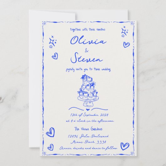 Invitation Mariage Bleu Scribble à la main branché (Devant)