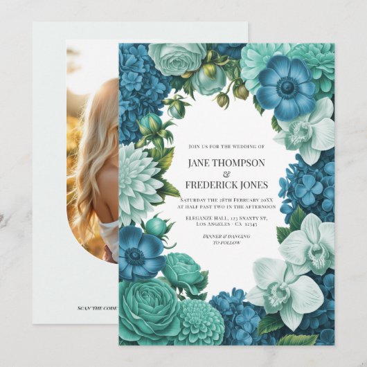 Invitation Mariage Bleu Tidal, Dérive de Mousse de Mer & Ment (Devant / Derrière)