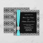 Invitation Mariage Bleu Turquoise Noir et Argent (Devant / Derrière)