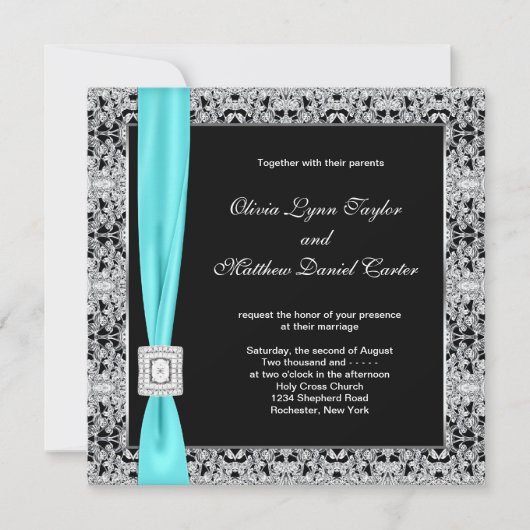 Invitation Mariage Bleu Turquoise Noir et Argent (Devant)