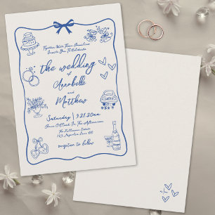 Invitation Mariage Bleu Vintage Fantaisiste Dessiné à la Main