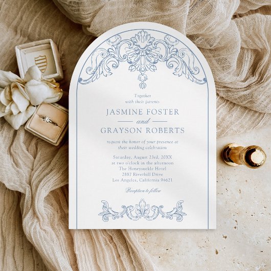 Invitation Mariage Bleu Vintage Rococo Élégant