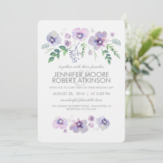 Invitation Mariage bleu violet d'aquarelle (Debout devant)