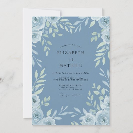 Invitation Mariage Bleuet Azur Feuille (Devant)