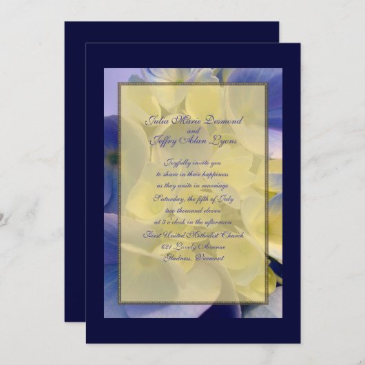Invitation Mariage Blue and Gold Hydrangea (Devant / Derrière)