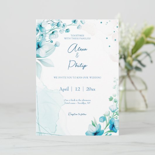 Invitation Mariage Blue Blossom & Breeze (Debout devant)
