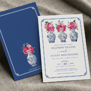 Invitation Mariage Blue Chinoiserie Porcelain Pink Peonies