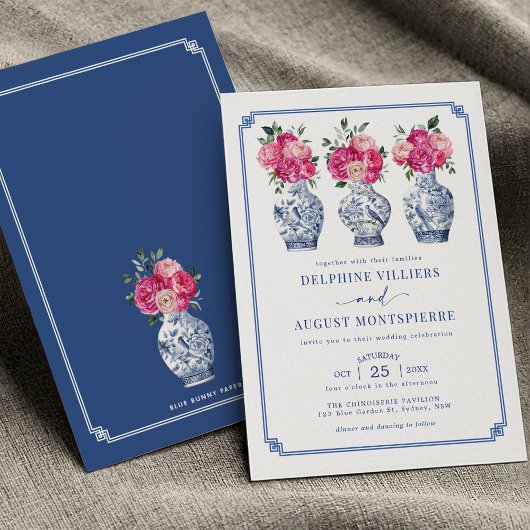 Invitation Mariage Blue Chinoiserie Porcelain Pink Peonies