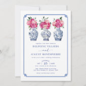 Invitation Mariage Blue Chinoiserie Porcelain Pink Peonies (Devant)