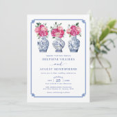 Invitation Mariage Blue Chinoiserie Porcelain Pink Peonies (Debout devant)