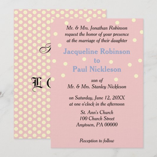 Invitation Mariage Blue Crème pois Roses (Devant / Derrière)