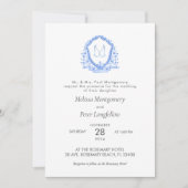 Invitation Mariage Blue Floral Crest Calligraphie Monogramme (Devant)