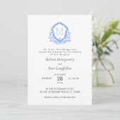 Invitation Mariage Blue Floral Crest Calligraphie Monogramme (Debout devant)