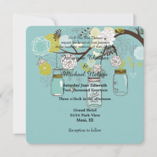Invitation Mariage Blue Floral Mason Jars