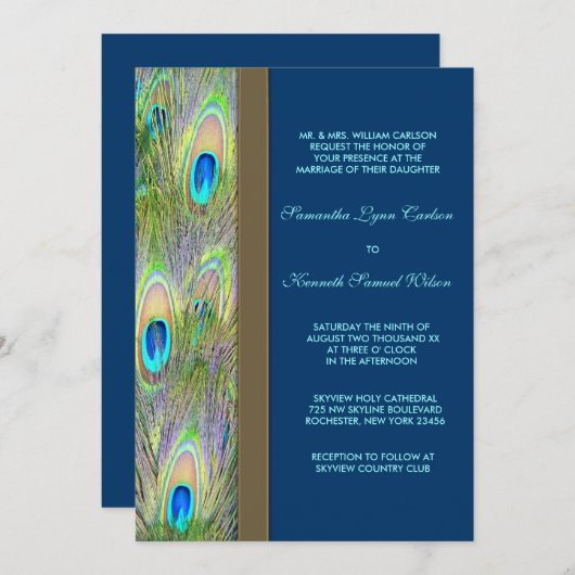 Invitation Mariage Blue Gold Peacock Feathers (Devant / Derrière)