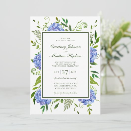 Invitation Mariage Blue Hydrangeas (Debout devant)
