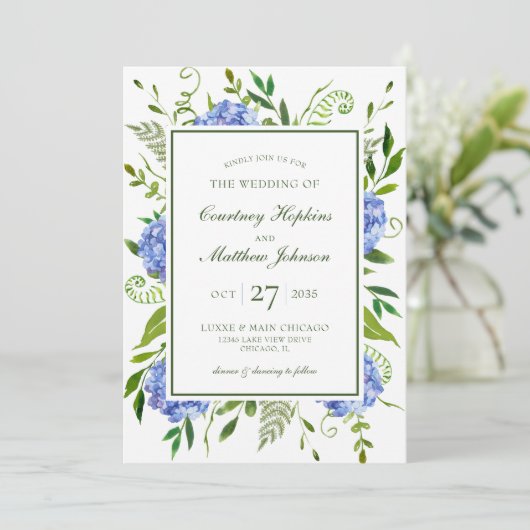 Invitation Mariage Blue Hydrangeas (Debout devant)