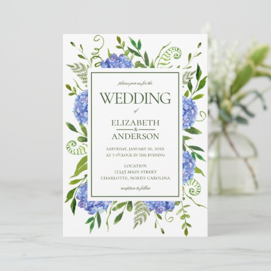 Invitation Mariage Blue Hydrangeas (Debout devant)