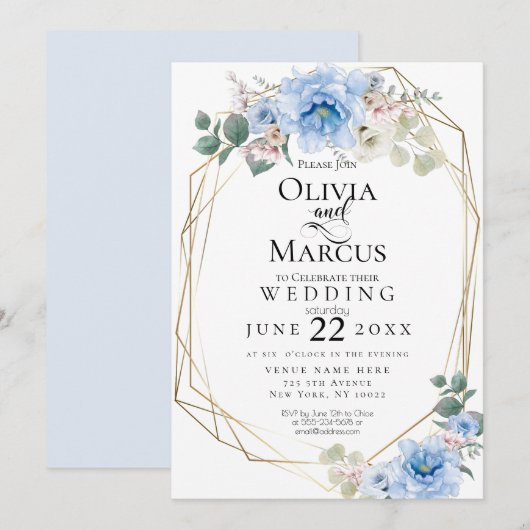 Invitation Mariage | Blue Peony Watercolor Flowers (Devant / Derrière)