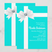Invitation Mariage Blue sarcelle Ruban blanc & Diamant (Devant / Derrière)