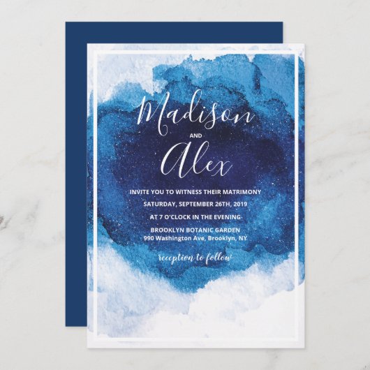 Invitation mariage Blue Watercolor (Devant / Derrière)